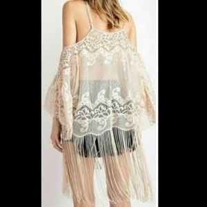 Easel Cream Sheer Lace Boho Fringe Top